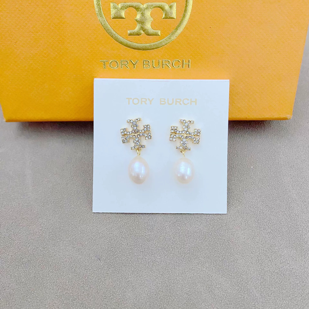 Tory Burch Metal Rhinestone Pearl Letter Drop Earrings